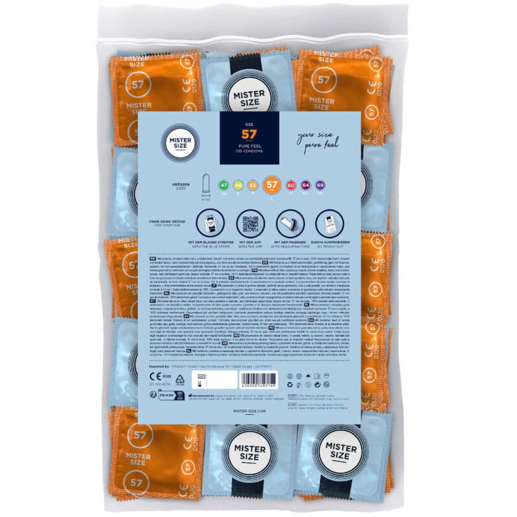 Verpackung mit Kondomen. Rückseite mit Produktinformationen. Aufdruck: Mister Size, 57.