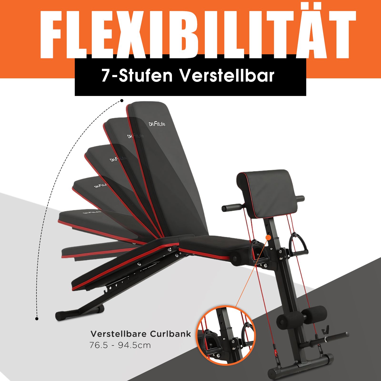 Hantelbank mit 7-fach verstellbarer Rückenlehne. Schwarzes Design mit roten Akzenten. Text: Flexibilität, 7-Stufen verstellbar, Curlbank.