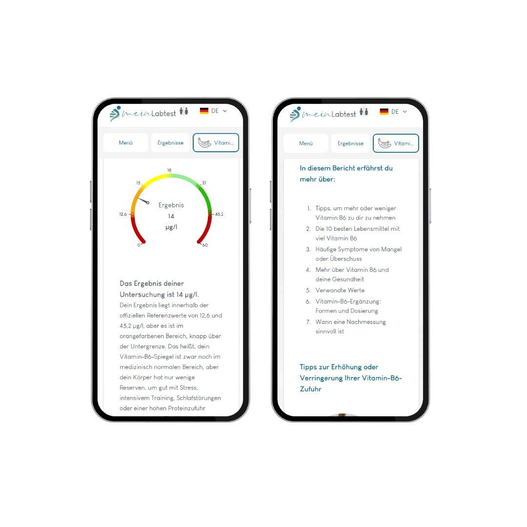 Zwei Smartphones mit Testergebnissen. Ergebnisse und Informationen auf dem Bildschirm. Meinlabtest-Logo.