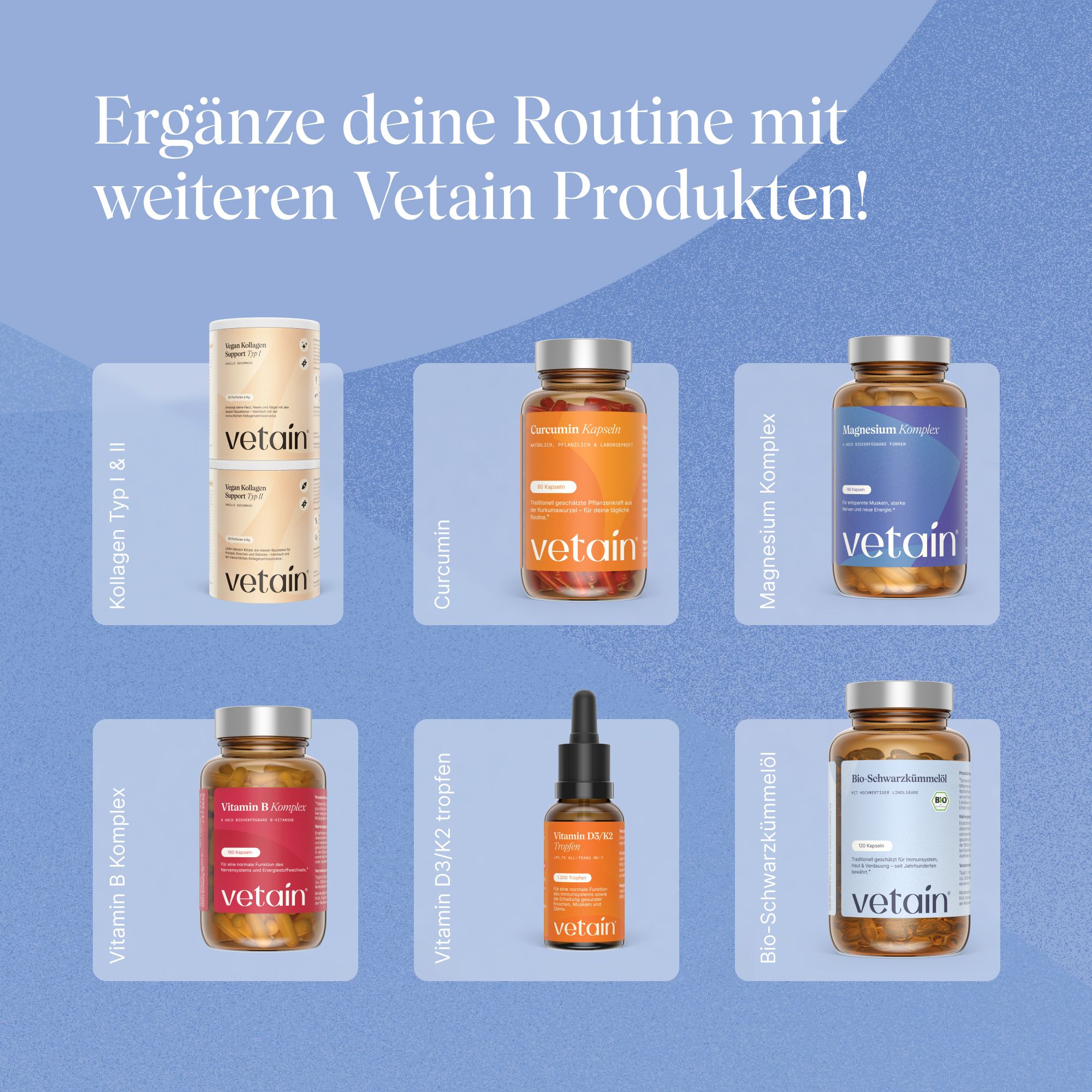 Vier Vetain Produkte: Kollagen, Curcumin, Magnesium und Vitamin B Komplex.