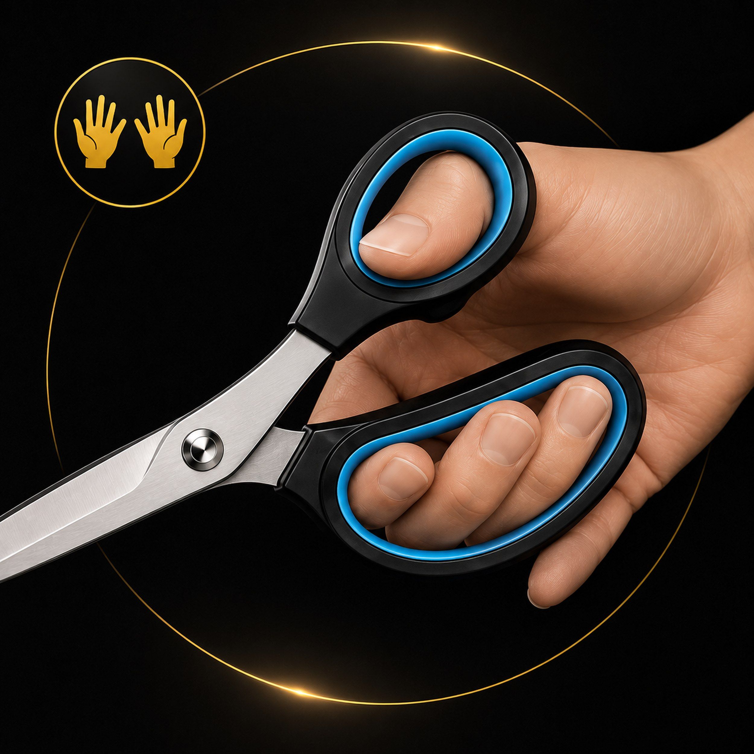 Hand hält Schere mit schwarzen und blauen Griffen. Daumen und Finger in den Griffen.