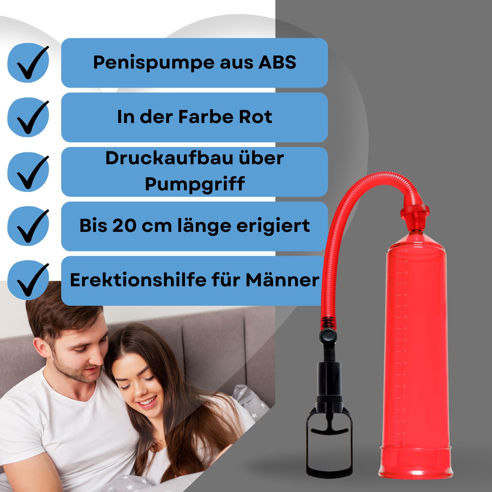 Rote Penis-Pumpe mit Pumpgriff. ABS-Material. Bis 20 cm Länge. Für Männer.