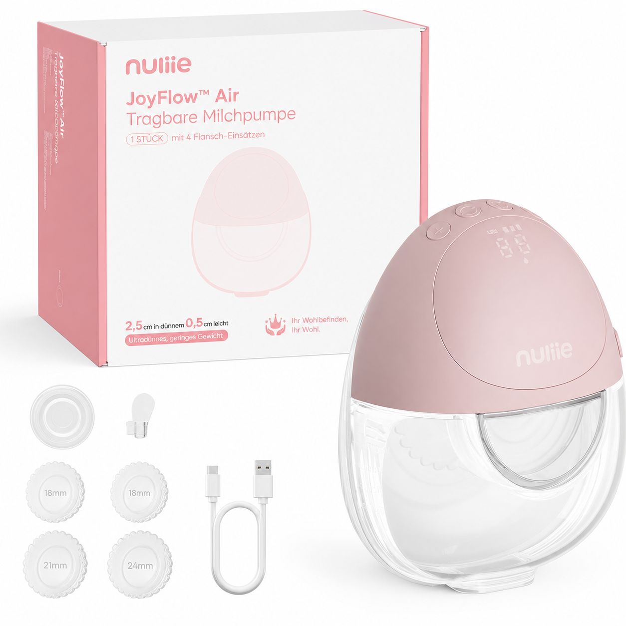 Eine rosafarbene Nuliie JoyFlow Air Milchpumpe mit Zubehör und Verpackung. Enthält Flansche in verschiedenen Größen, USB-Kabel und Deckel.