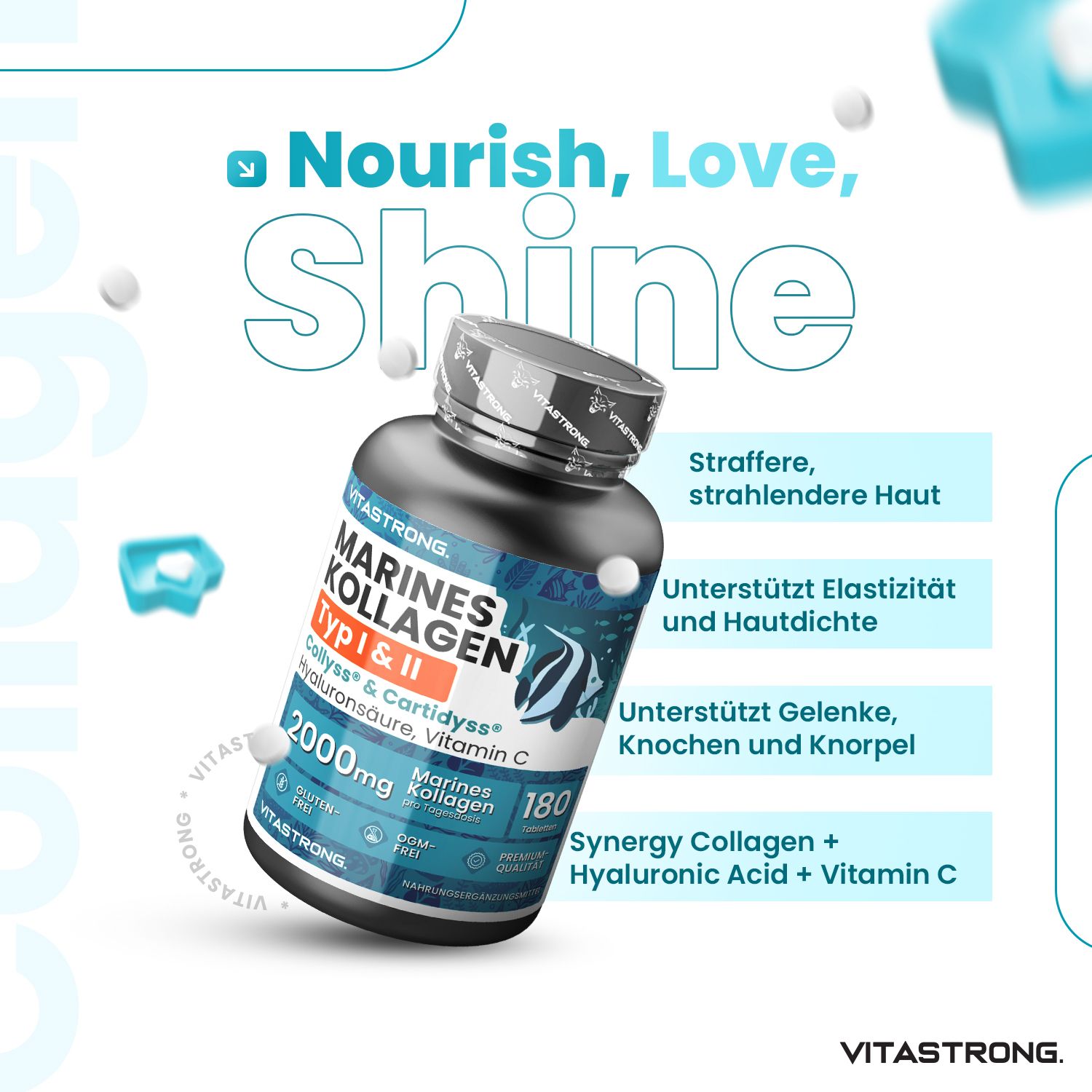Vitastrong Marine Kollagen Typ 1&2, 180 Tabletten. Dose, blaue Grafik, Text. Tabletten schweben.