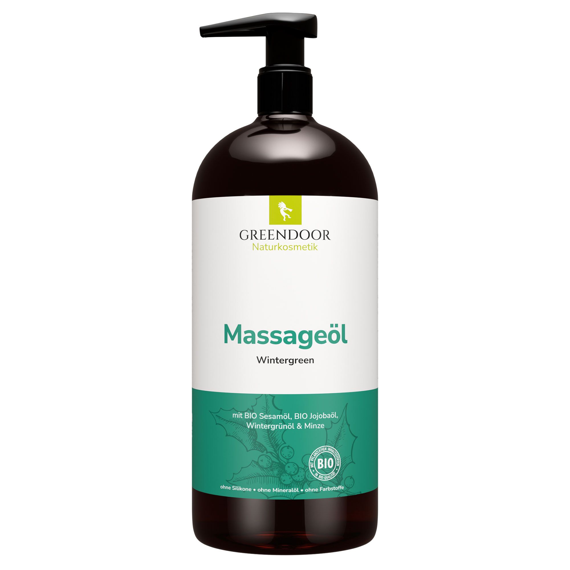 Braune Flasche mit schwarzem Pumpkopf. Aufschrift: GREENDOOR Naturkosmetik, Massageöl Wintergreen. Bio-Siegel.