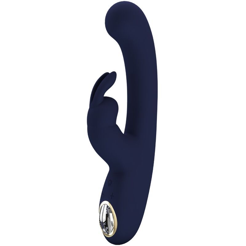 Dunkelblauer Vibrator mit gebogener Form und Hasenohren-Design. Seitliche Ansicht, weißer Hintergrund.
