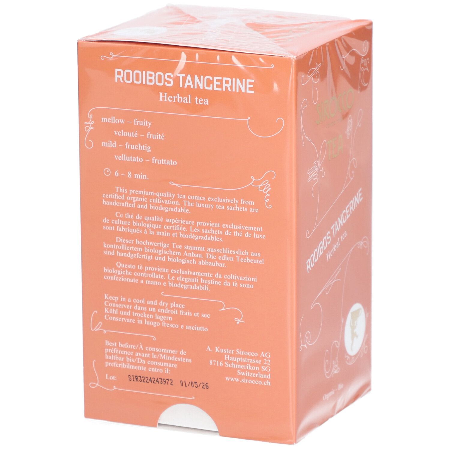 Verpackung mit Text: Rooibos Tangerine, Kräutertee. Beschreibung, Haltbarkeitsdatum. Orangefarbenes Design.