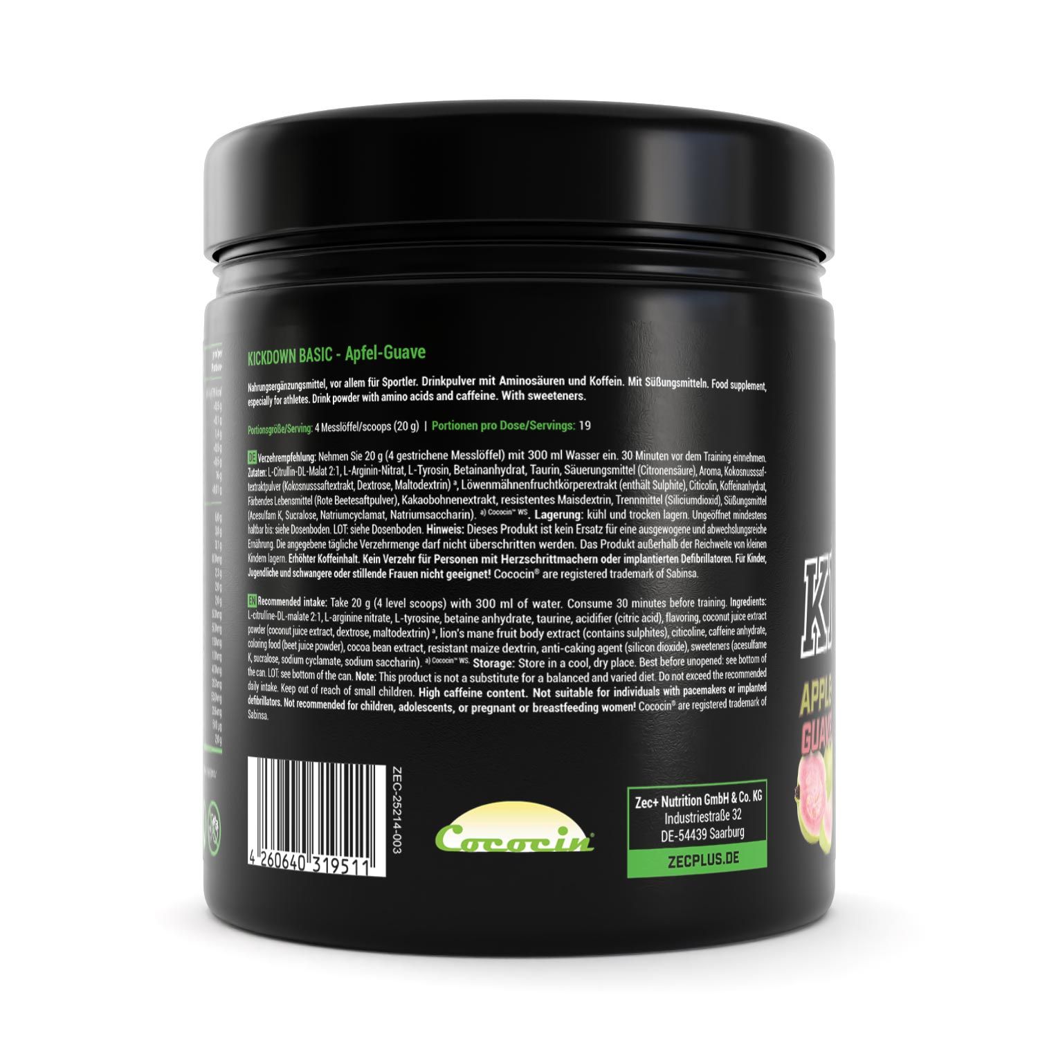 Schwarze Dose, Rückseite. Text: Anwendungshinweise, Inhaltsstoffe. Logo: ZEC+. Grüner Aufkleber mit Text.