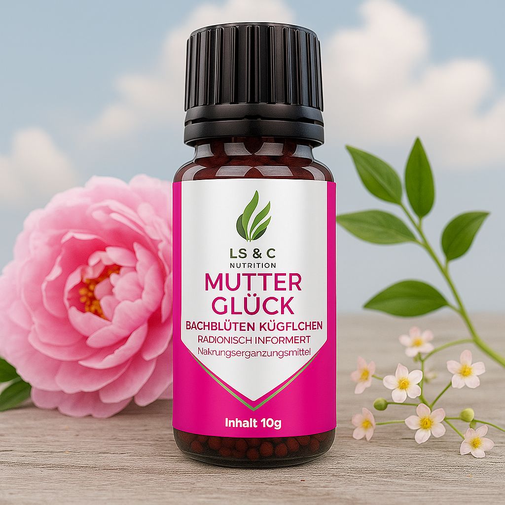 Braune Glasflasche mit schwarzem Deckel und pinkfarbenem Etikett, neben einer Rose und Blüten. Aufschrift: LS & C Nutrition, Mutterglück.