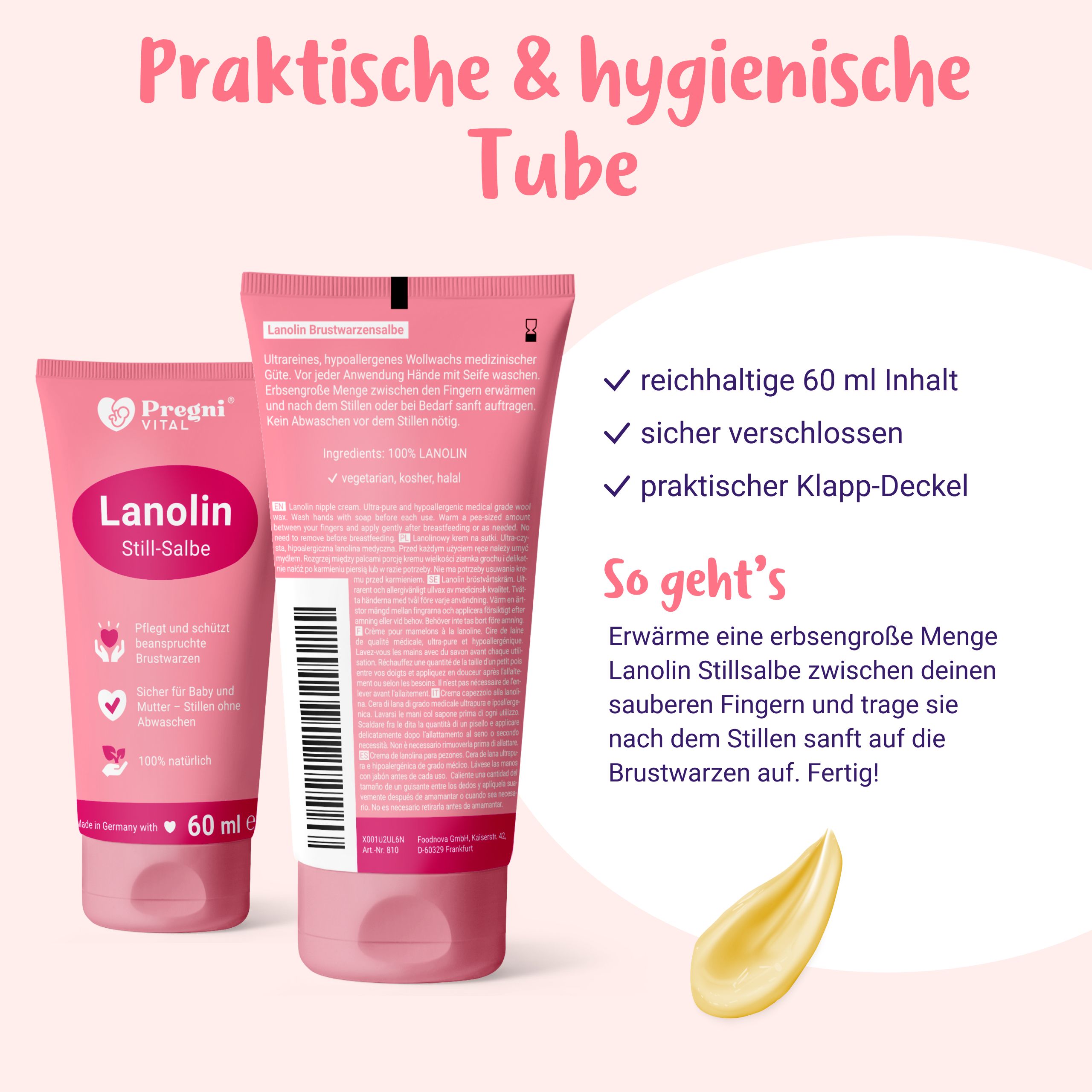 PregniVital Lanolin Still-Salbe: 2 Tuben, 60 ml Inhalt, Klapp-Deckel. Anleitung.