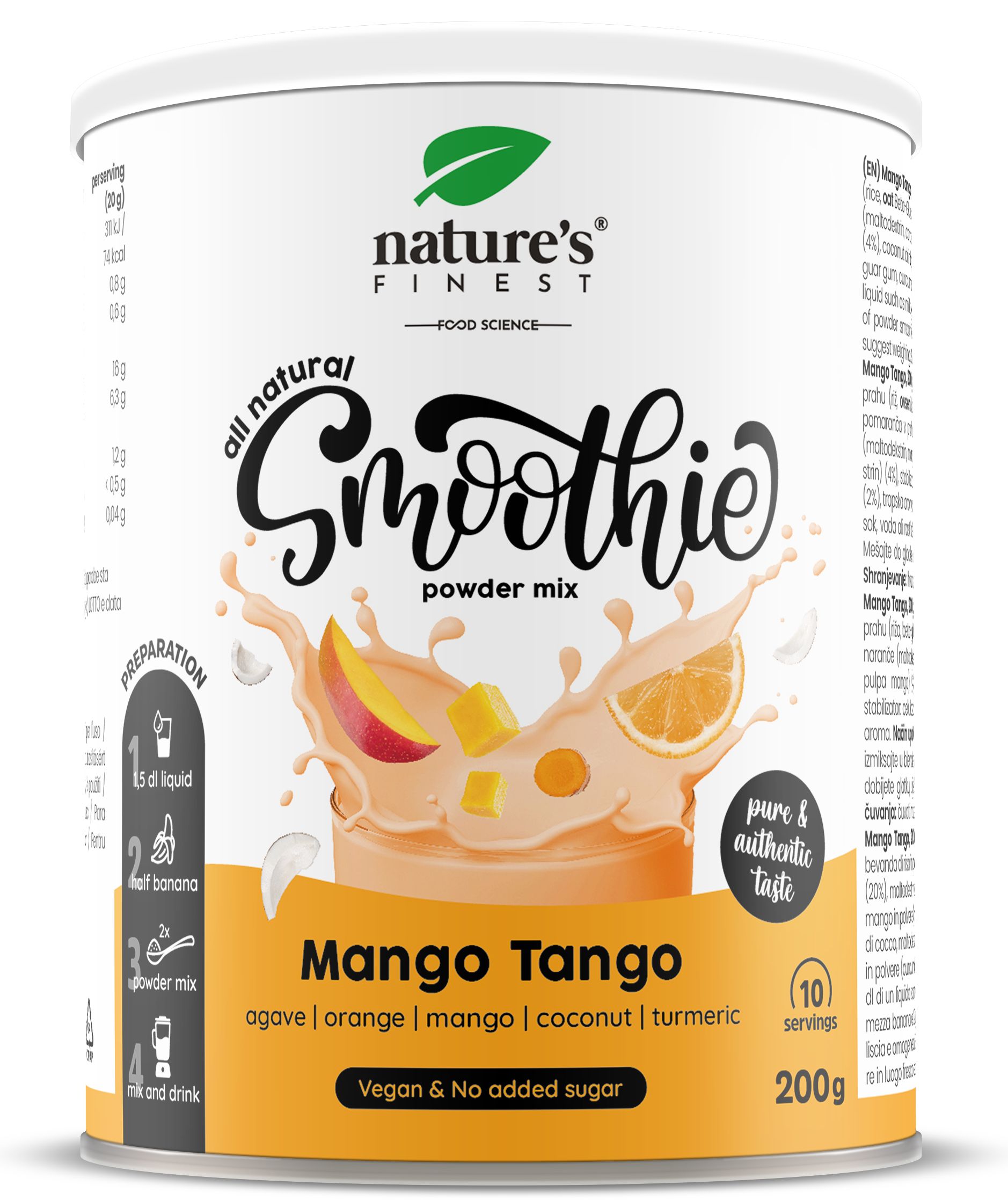 Dose Nature's Finest Smoothie Mango Tango. Aufschrift: Mango Tango, vegan, ohne Zuckerzusatz. Mit Mango-Abbildung.