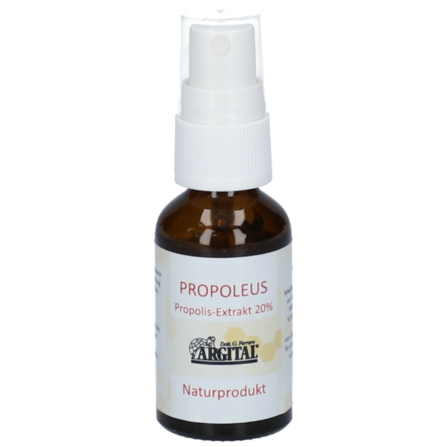 Braune Glasflasche mit weißem Sprühkopf. Etikett mit Produktnamen PROPOLEUS und ARGITAL Logo.