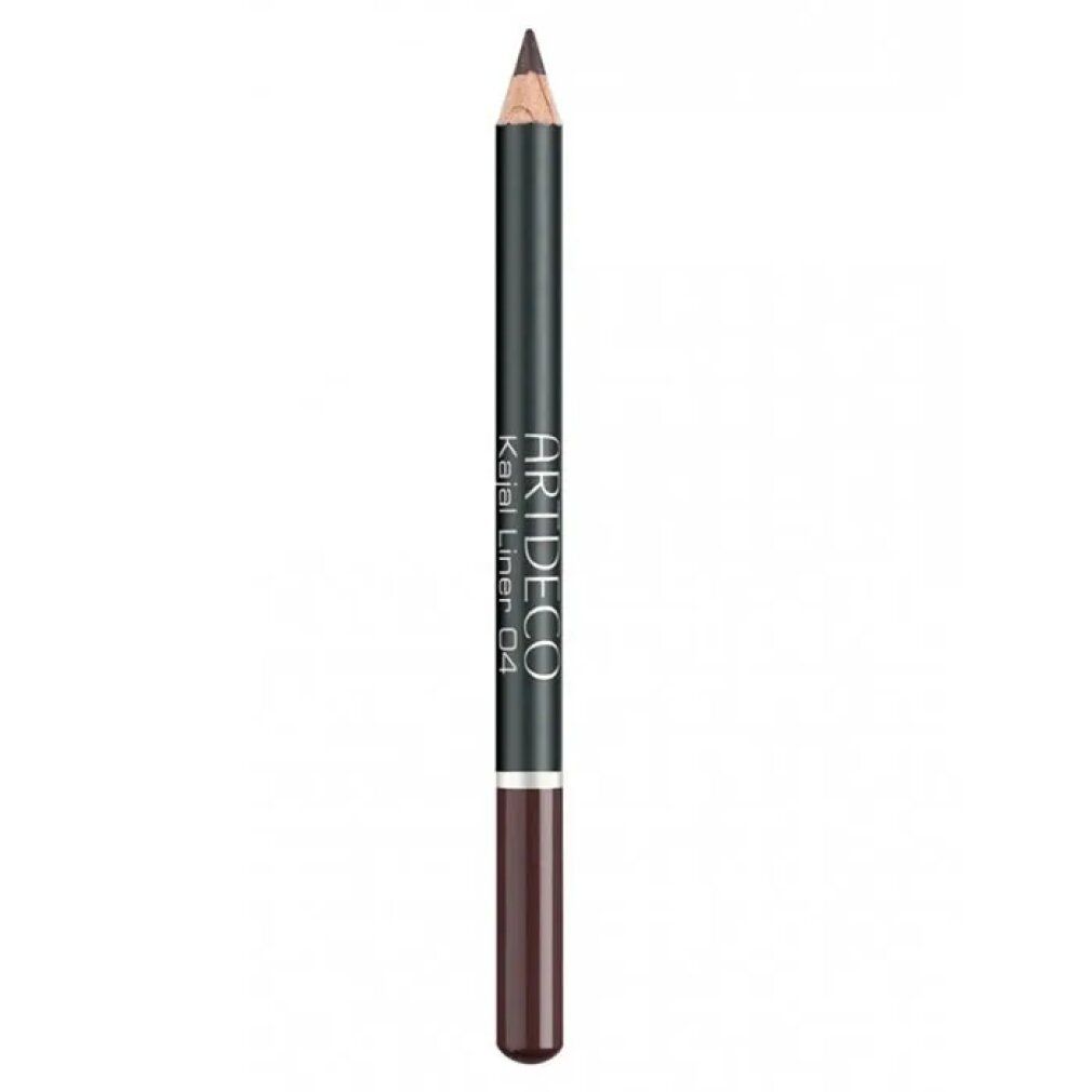 Kajal Liner 04 Forest Brown von Artdeco. Dunkelbrauner Stift mit Holzspitze und braunem Ende. Schwarzer Schaft mit weißer Schrift.