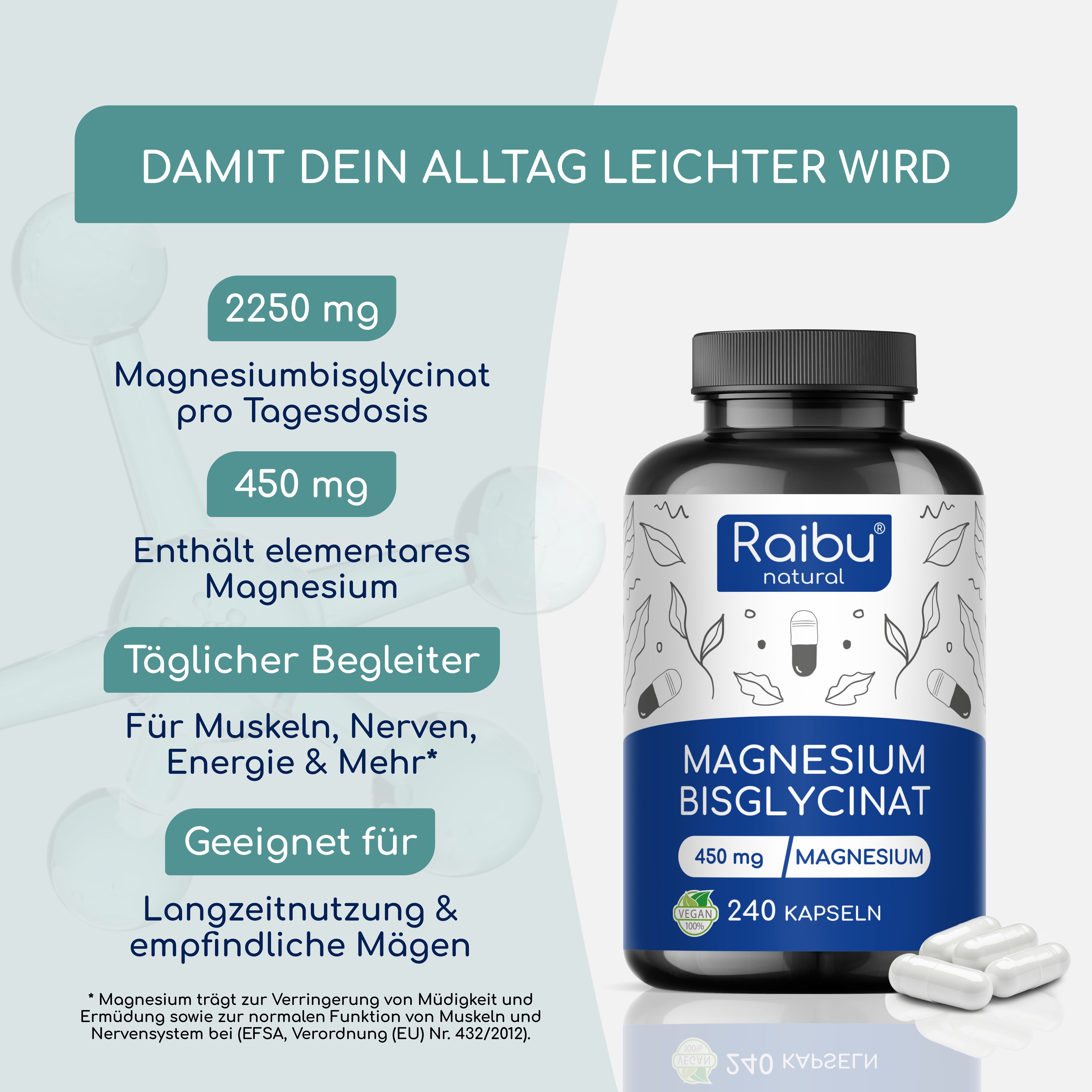 Flasche mit Magnesiumbisglycinat-Kapseln. 240 Kapseln. Text: 450 mg Magnesium.
