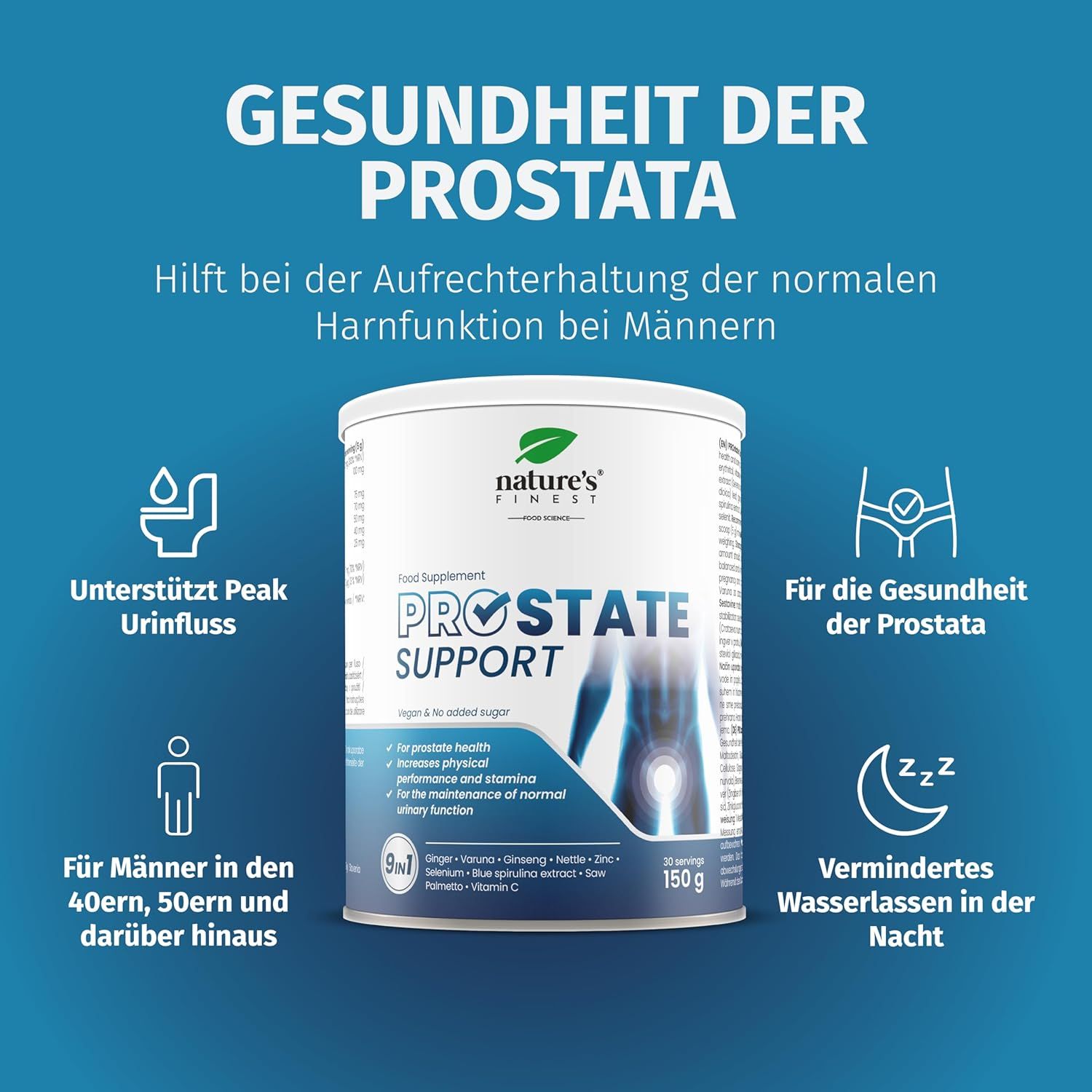Dose mit Nahrungsergänzungsmittel. Aufschrift: Prostate Support. Text: Gesundheit der Prostata. Symbole.