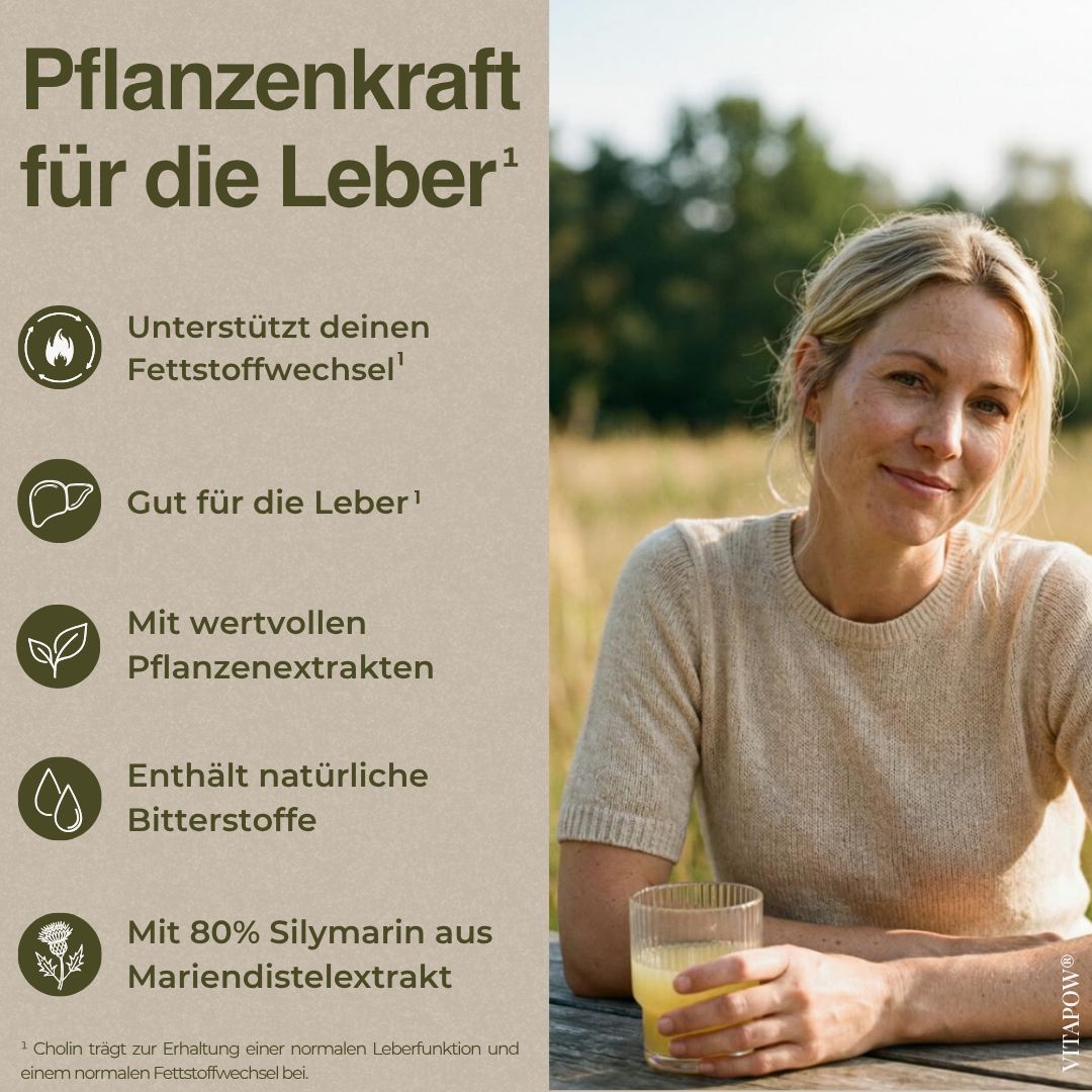 Frau sitzt im Freien. Links daneben: Unterstützt Fettstoffwechsel, Gut für die Leber, Mit Pflanzenextrakten, Enthält Bitterstoffe, Mit 80% Silymarin.