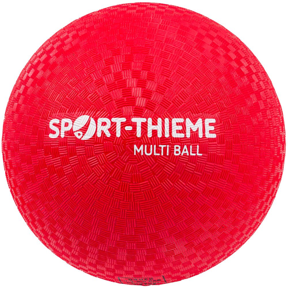 Roter Ball mit Sport-Thieme-Logo und Multi Ball-Schriftzug. Strukturierte Oberfläche.