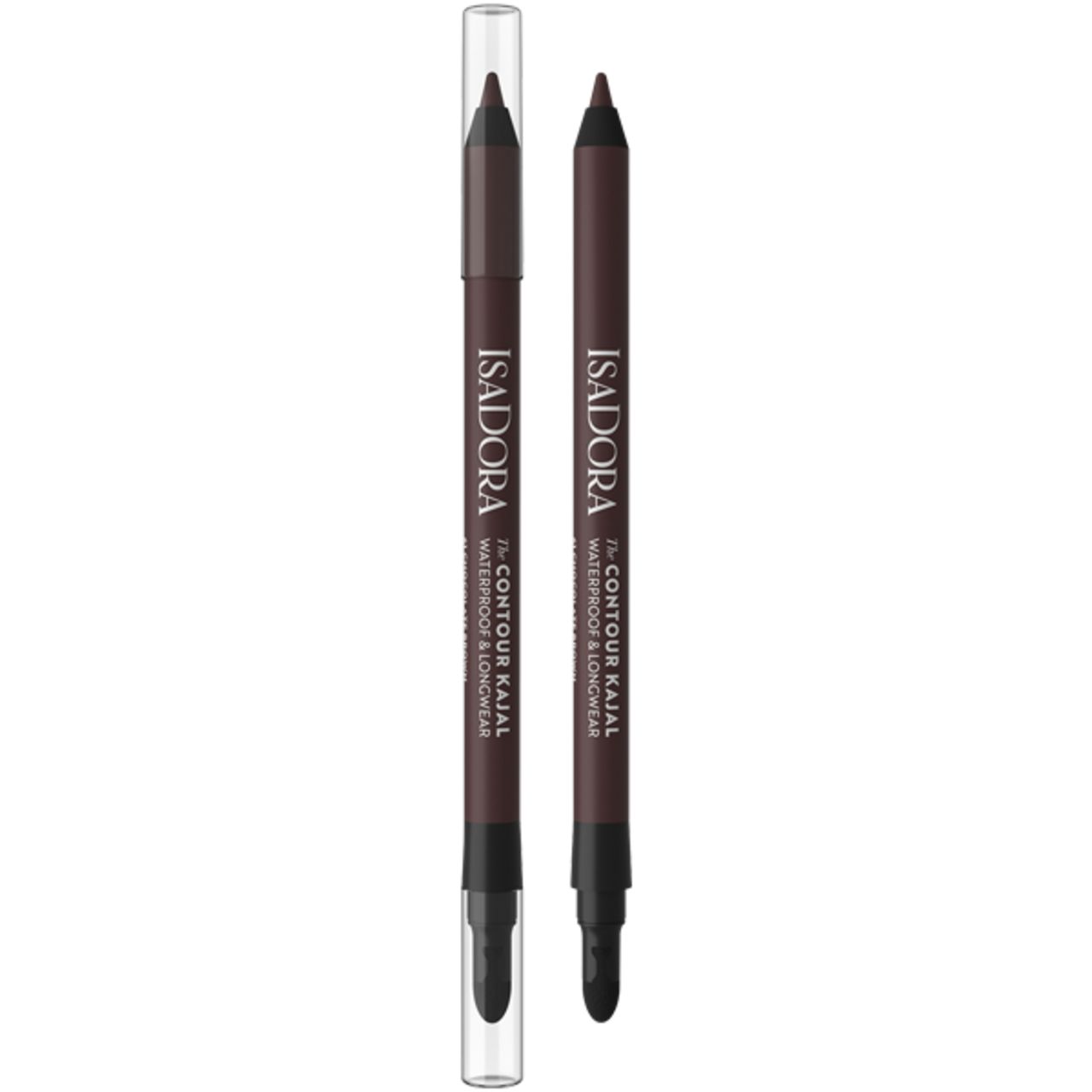 Zwei IsaDora The Contour Kajal Eyeliner. Dunkelbraune Stifte mit transparenten Kappen. Aufschrift: Waterproof & Longwear.