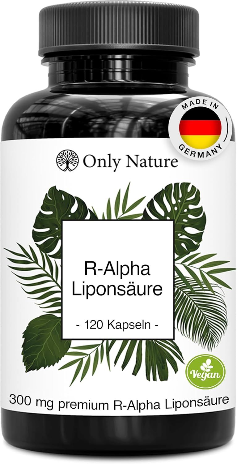 Schwarze Flasche mit weißem Etikett. Aufschrift: R-Alpha Liponsäure, 120 Kapseln. Vegan-Siegel. Made in Germany-Aufkleber.