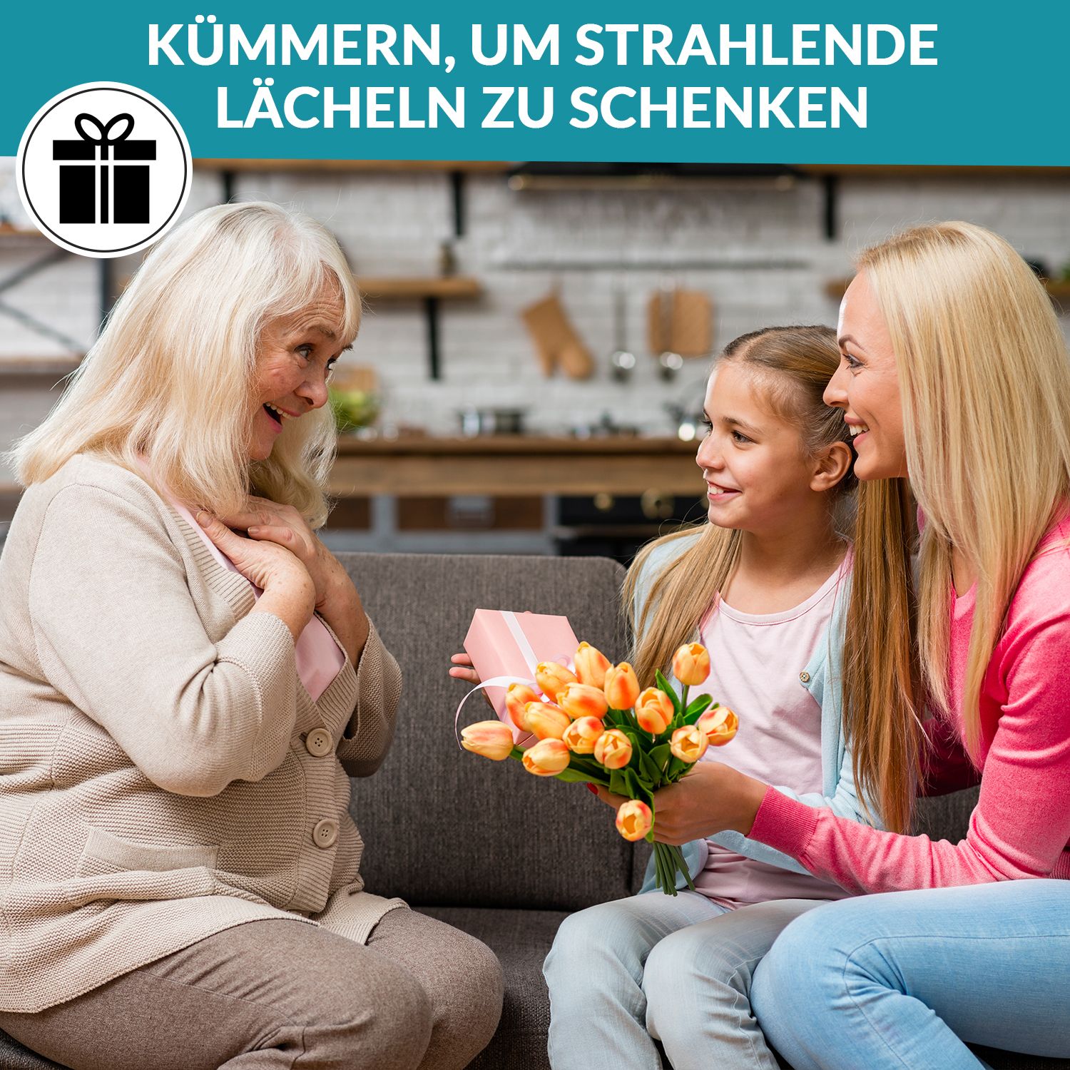 Drei Frauen schenken sich gegenseitig Geschenke und Blumen. Text: Kümmern, um strahlende Lächeln zu schenken.