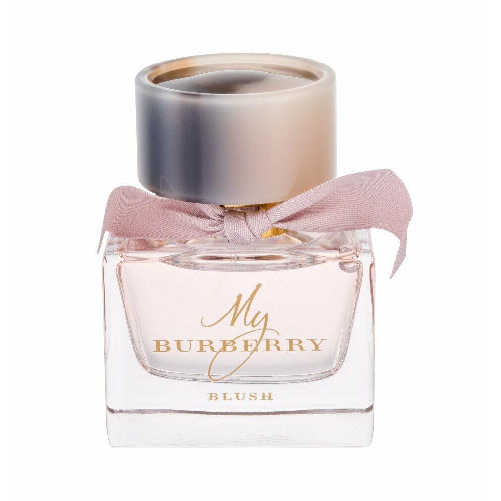 Quadratischer rosa Flakon mit Schleife und Deckel. Aufschrift: My Burberry Blush.
