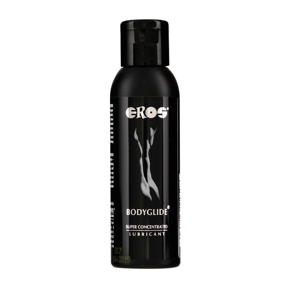 Schwarze Flasche mit schwarzem Verschluss. Aufschrift EROS, BODYGLIDE, SUPER CONCENTRATED LUBRICANT. Abbildung einer Frau.