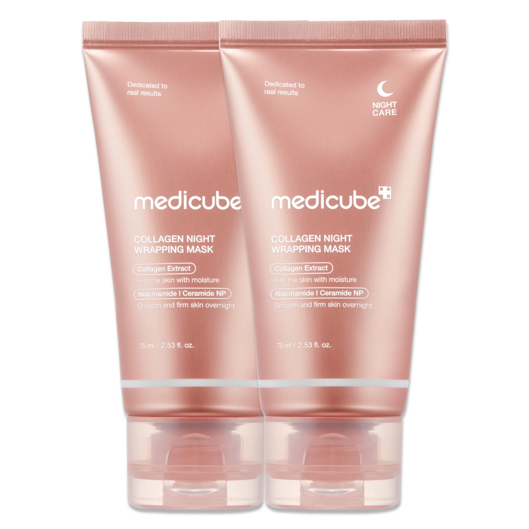 Zwei Tuben Medicube Collagen Night Wrapping Mask in Roségold.