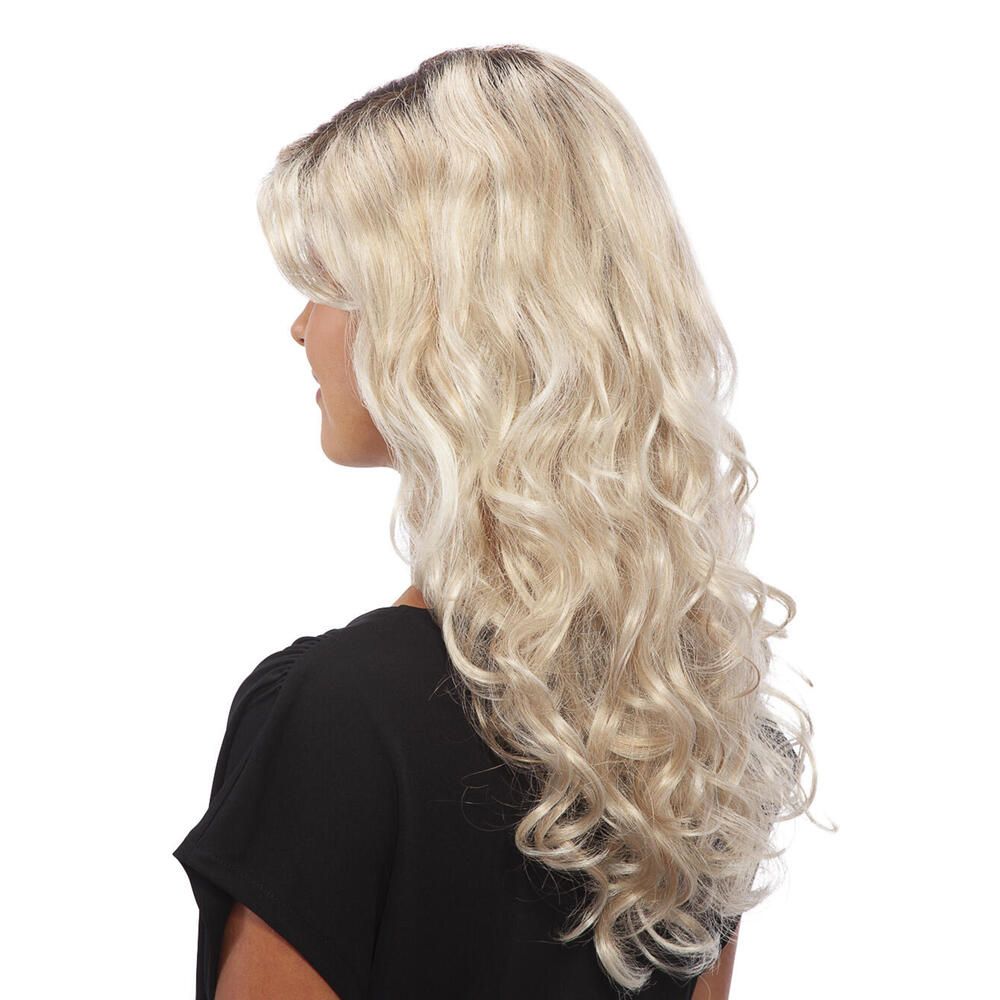 Perücke Arabella von Lofty. Blond mit dunklem Ansatz, gewellt. Rückansicht.