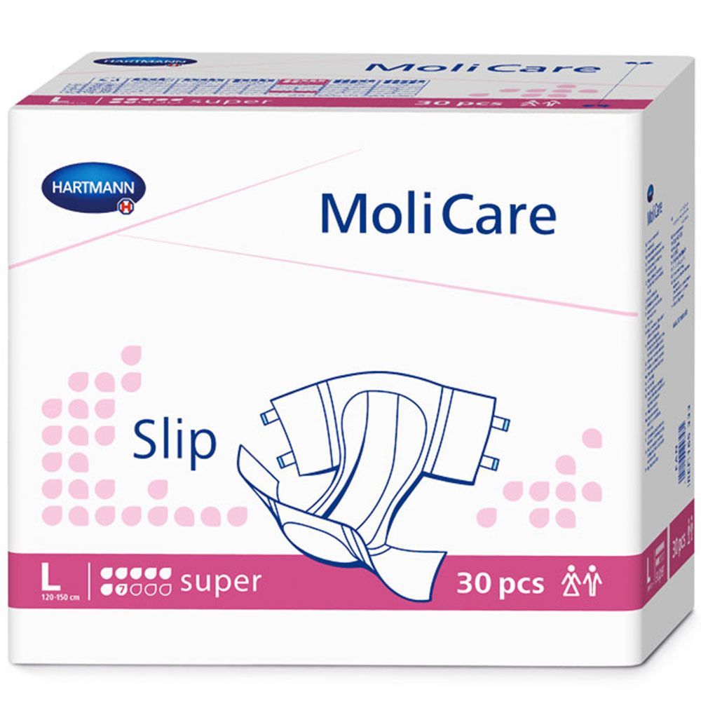 Verpackung MoliCare Slip super. Marke Hartmann. Größe L. 30 Stück. Rosa und weiße Verpackung mit Produktabbildung.