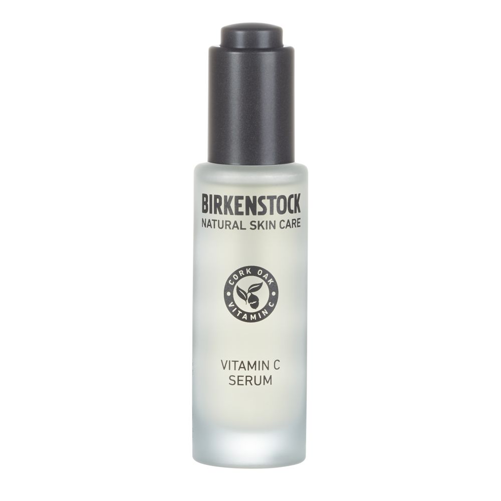 Birkenstock Vitamin C Serum. Flasche mit schwarzem Deckel und Pipette. Aufschrift: Birkenstock Natural Skin Care, Vitamin C Serum.