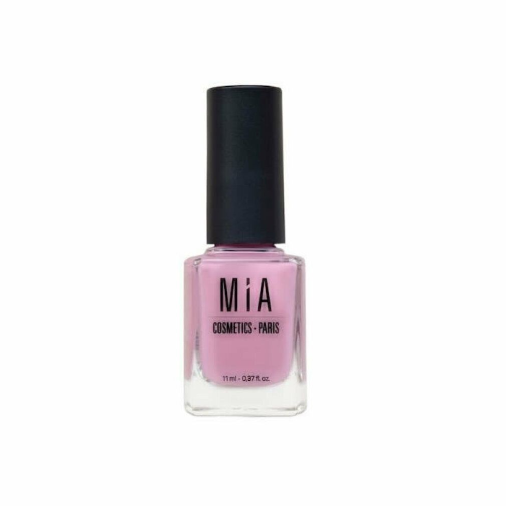 Nagellackflasche mit rosa Inhalt und schwarzem Deckel. Aufschrift: MIA COSMETICS - PARIS. Volumen: 11 ml - 0.37 fl. oz.