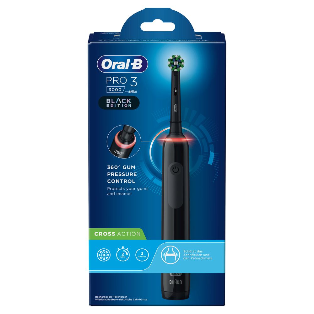 Schwarze elektrische Zahnbürste in der Verpackung. Auf der Verpackung steht "Oral-B Pro 3 Black Edition".