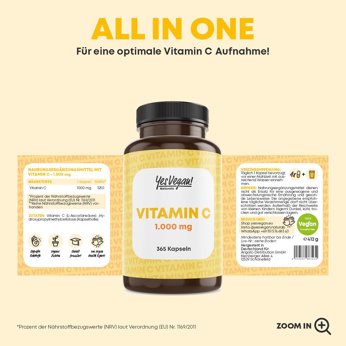 Flasche mit 365 veganen Vitamin C Kapseln, 1000 mg pro Kapsel. Jahresvorrat.