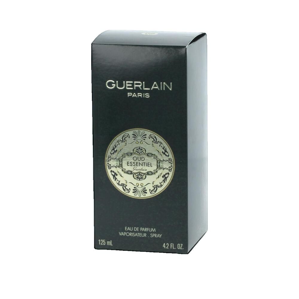 Schwarzer Karton mit Produktinformationen. Aufschrift: GUERLAIN PARIS, Oud Essentiel, Eau de Parfum, 125 ml, 4.2 FL. OZ.