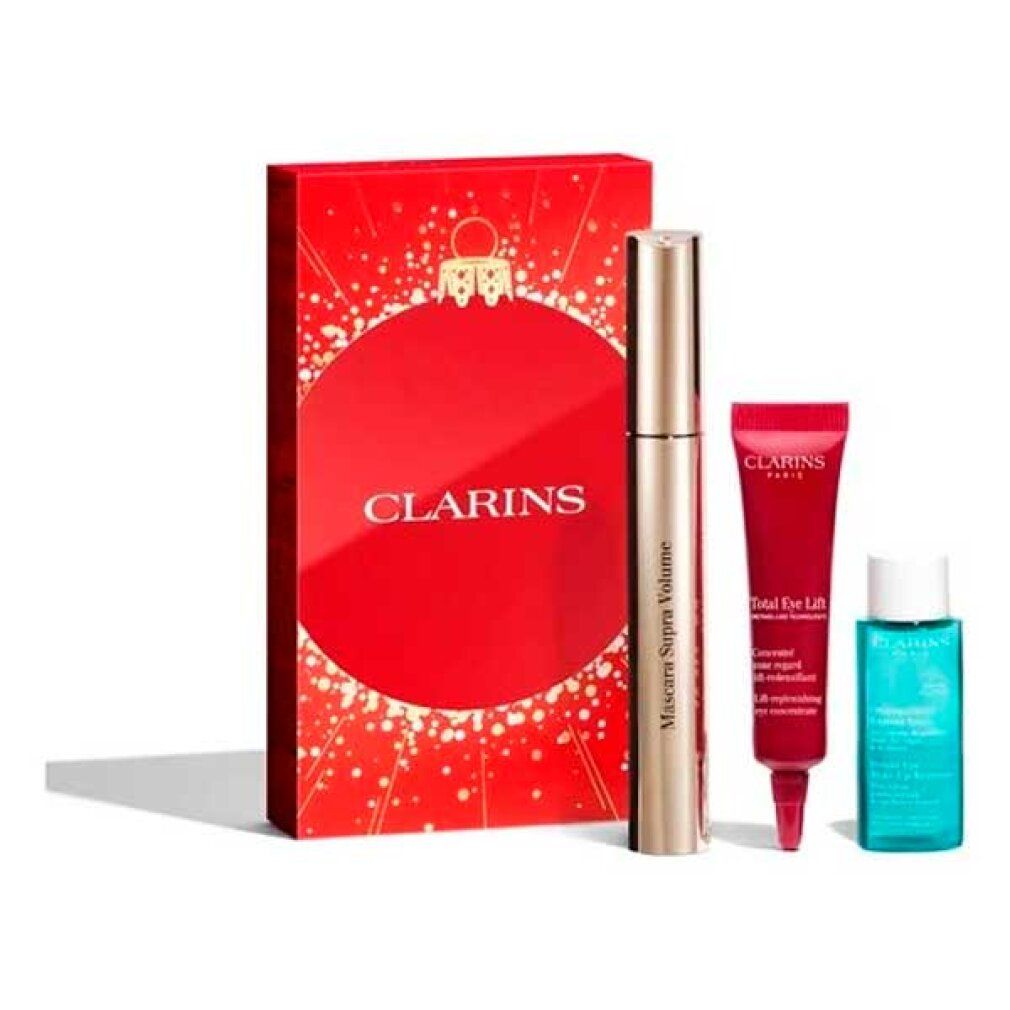 Rotes Geschenkset mit Mascara, Augencreme und Reinigungslotion. Clarins-Logo auf der Verpackung.