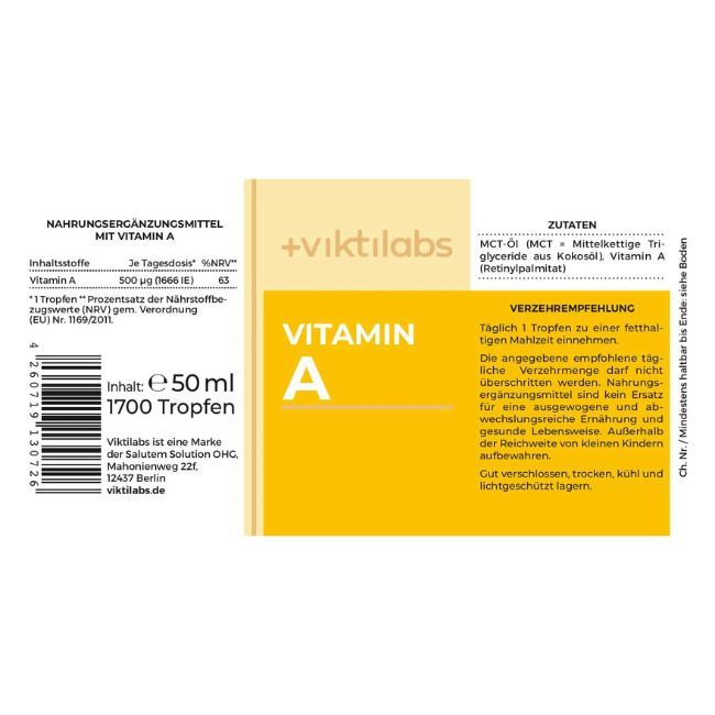 Etikett mit "Vitamin A" und "+viktilabs". Enthält Informationen zu Inhaltsstoffen und Verzehrempfehlung.