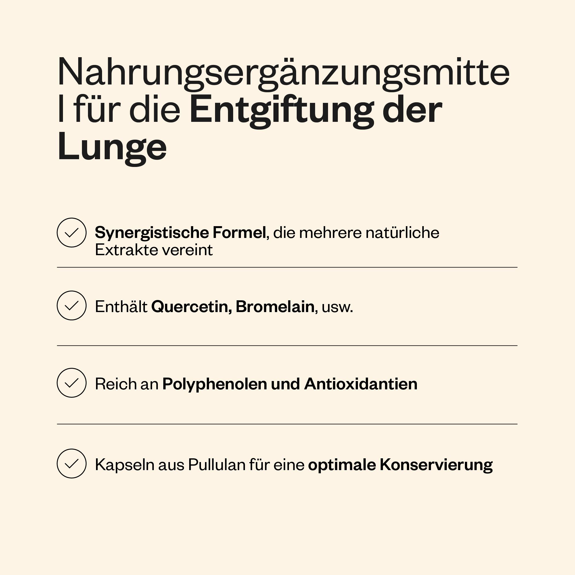 Infografik mit Text. Produkt Lung Detox. Enthält Quercetin, Bromelain, etc. Kapseln aus Pullulan. Marke: SuperSmart. Nahrungsergänzungsmittel.