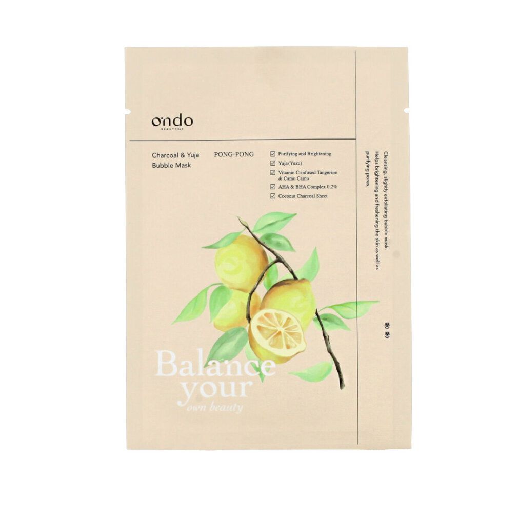 Beutel mit ONDO Charcoal & Yuja Bubble Mask. Illustration von Zitronen. Text: Balance your skin beauty.