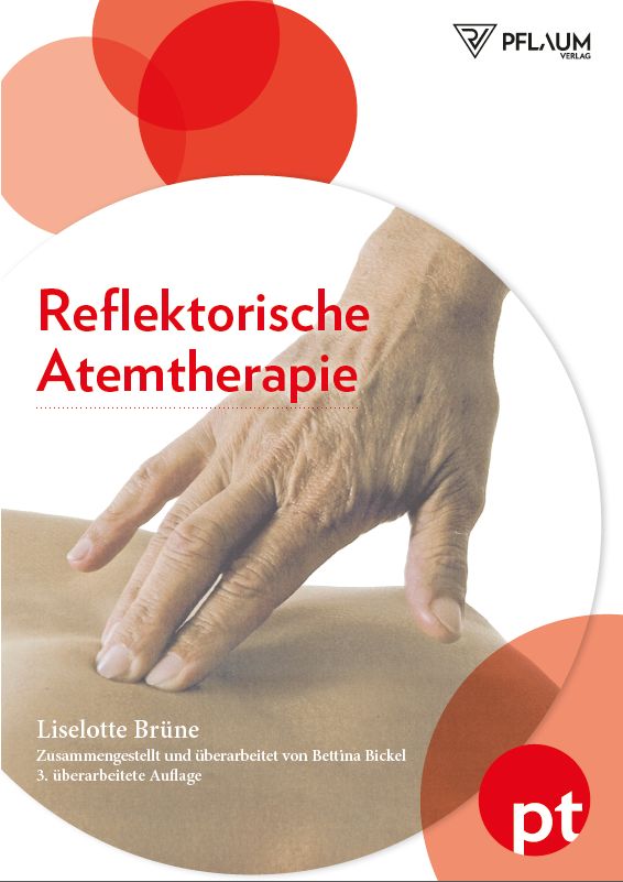 Buchcover mit Titel "Reflektorische Atemtherapie". Hand auf Rücken, roter Hintergrund. Pflaum Verlag Logo.
