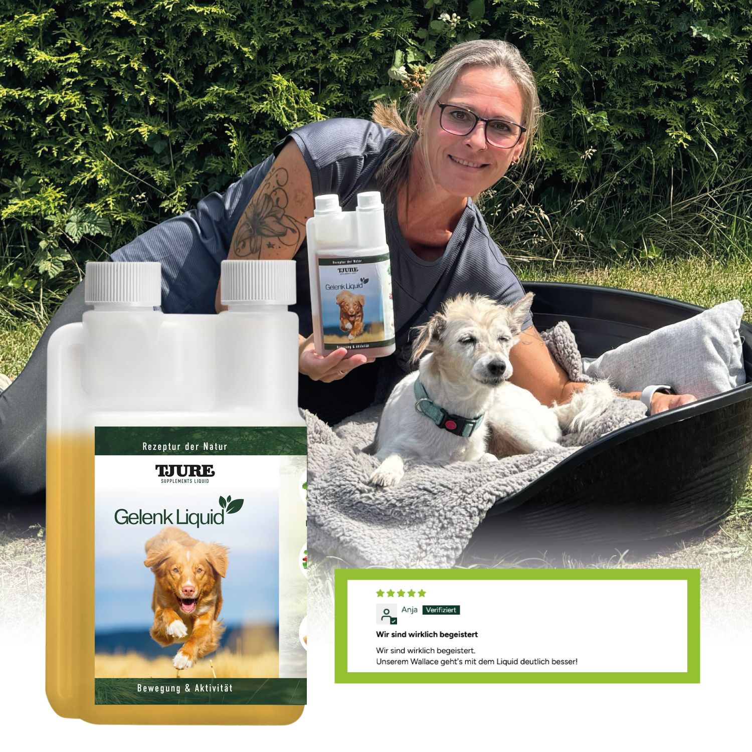 Zwei Flaschen Tjure Gelenk Liquid. Auf dem Etikett ist ein Hund abgebildet. Eine Frau und ein Hund sind im Hintergrund zu sehen.