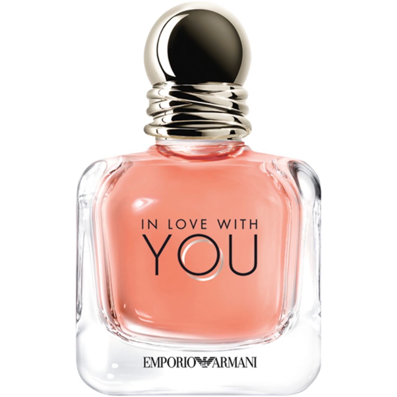 Glasflakon mit rosa Flüssigkeit. Silberner Verschluss. Schriftzug: In Love With You, Emporio Armani.