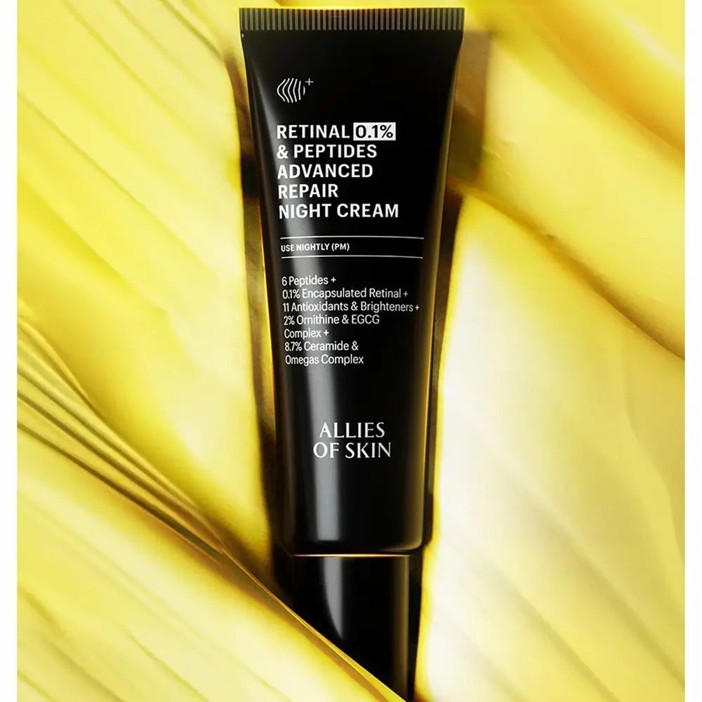 Schwarze Tube mit weißem Text. Produktname: Retinal 0,1% & Peptides Advanced Repair Night Cream. Marke: ALLIES OF SKIN.
