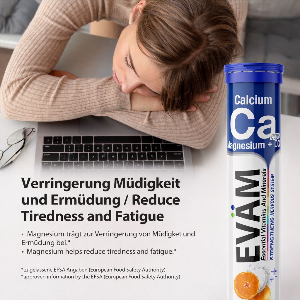 Frau am Schreibtisch mit Tablette. Produkt: EVÄM Calcium + Magnesium + D3. Text: Verringerung Müdigkeit und Ermüdung. Enthält Calcium, Magnesium, D3.