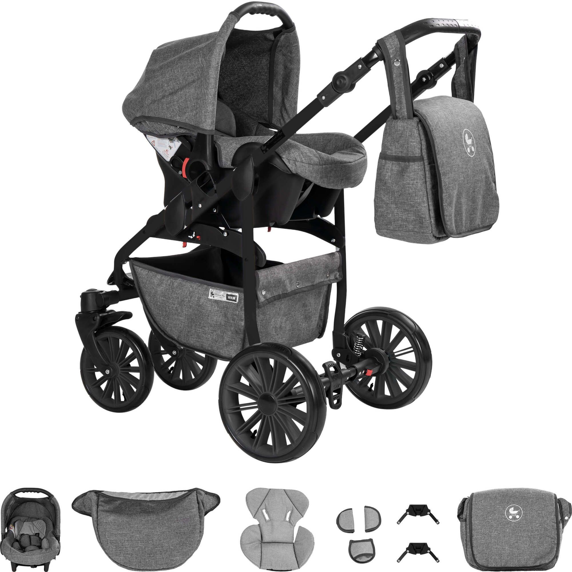 Kinderwagen-Set, grau und hellgrau. Vier große Räder, Korb, Tragetasche, Zubehör. Mehrere Ansichten.
