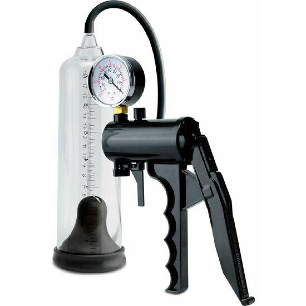 Vakuumpumpe mit Messskala und Manometer. Schwarzer Griff und Zylinder. Schwarzer Schlauch verbindet Zylinder und Pumpe.