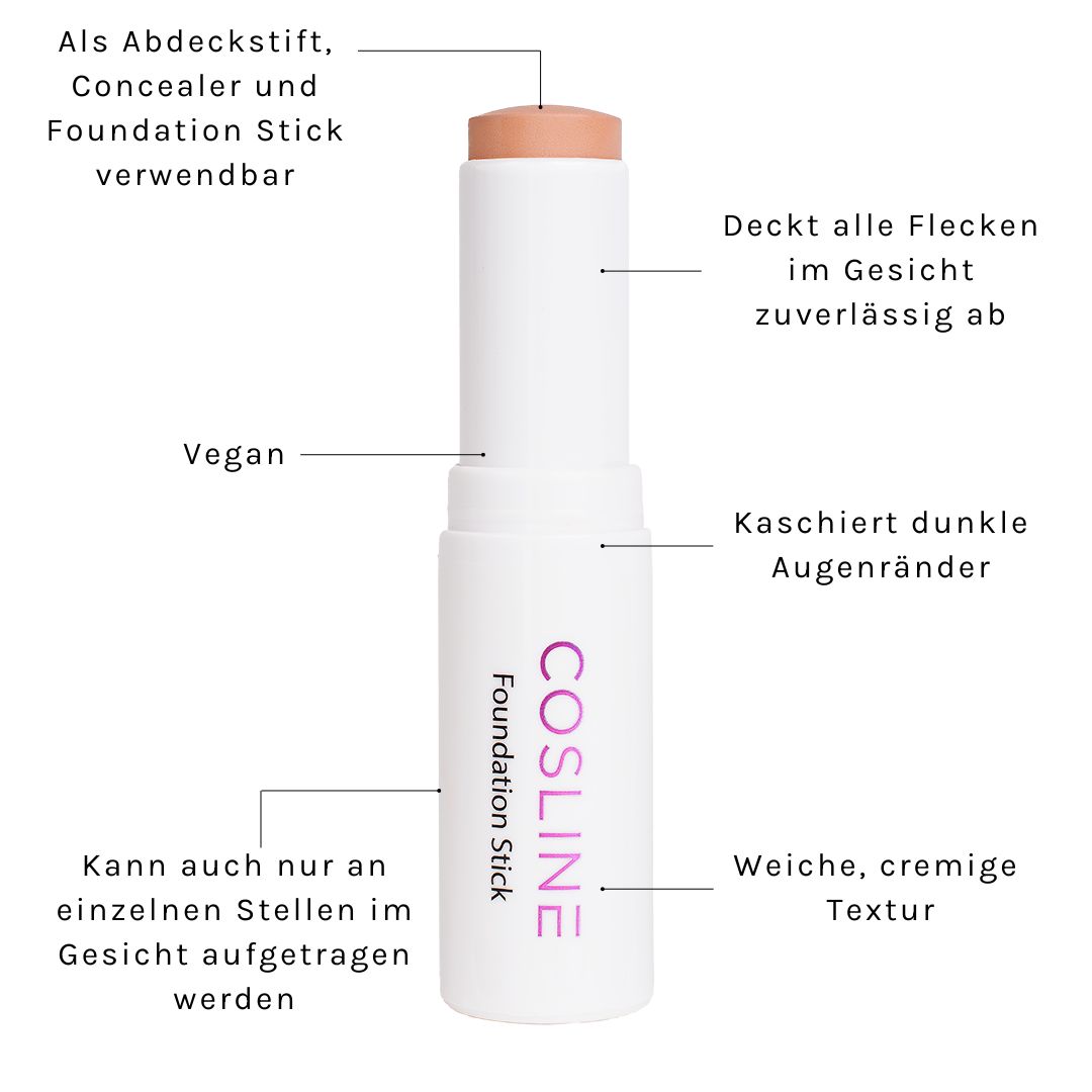 Weißer Foundation Stick mit beiger Spitze. Beschriftung und Pfeile mit Texten in Deutsch.