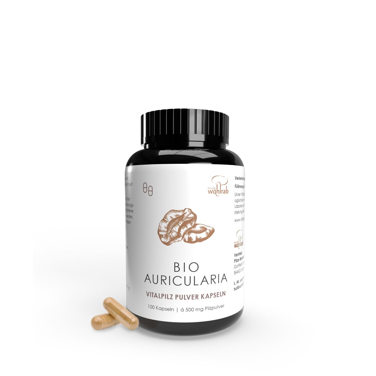Schwarze Flasche mit Kapseln. Aufschrift: BIO AURICULARIA, Vitalpilz Pulver Kapseln. Zwei Kapseln liegen daneben.