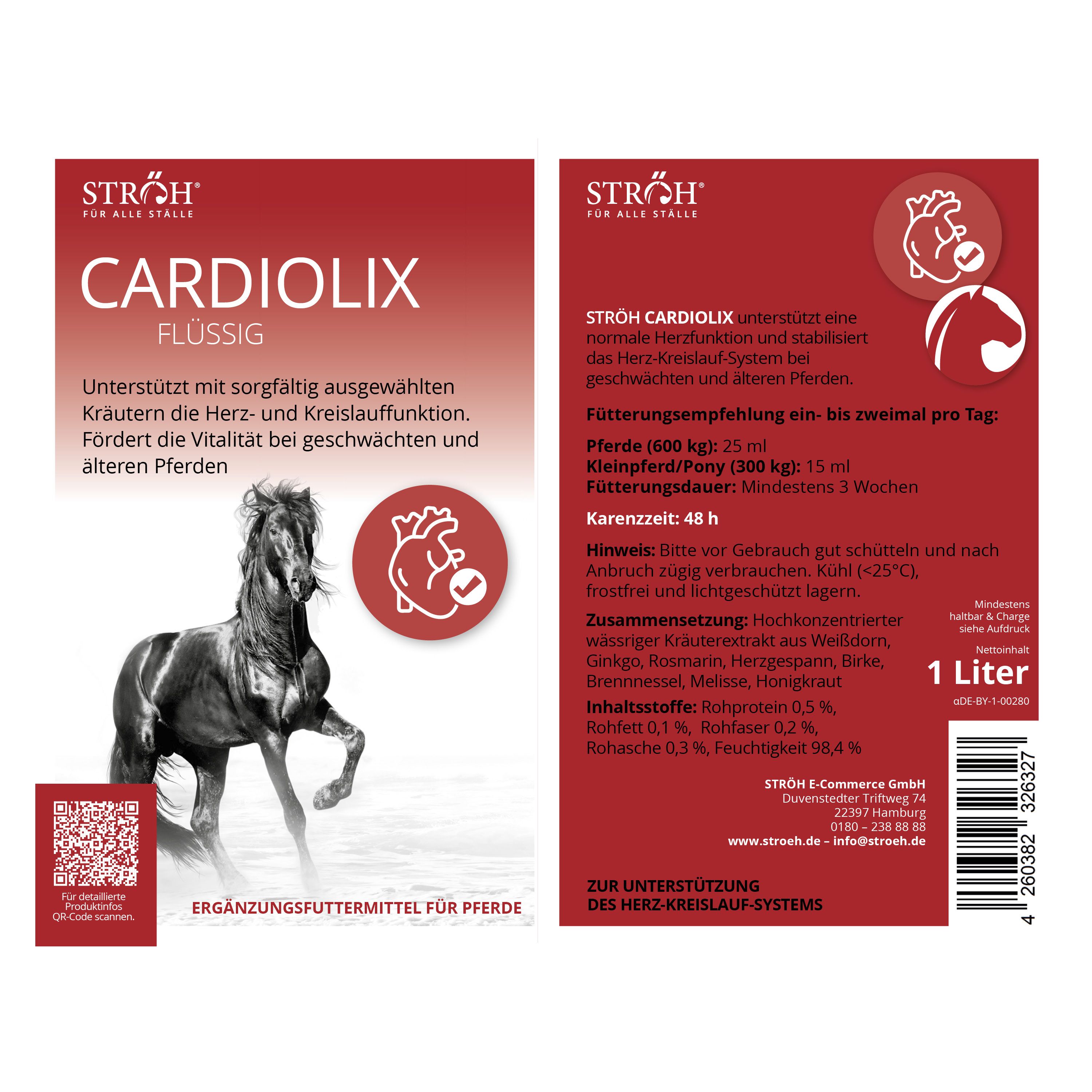 Verpackung von STRÖH CARDIOLIX Flüssig. Produktname, Logo, Pferdeabbildung, QR-Code und Textinformationen.