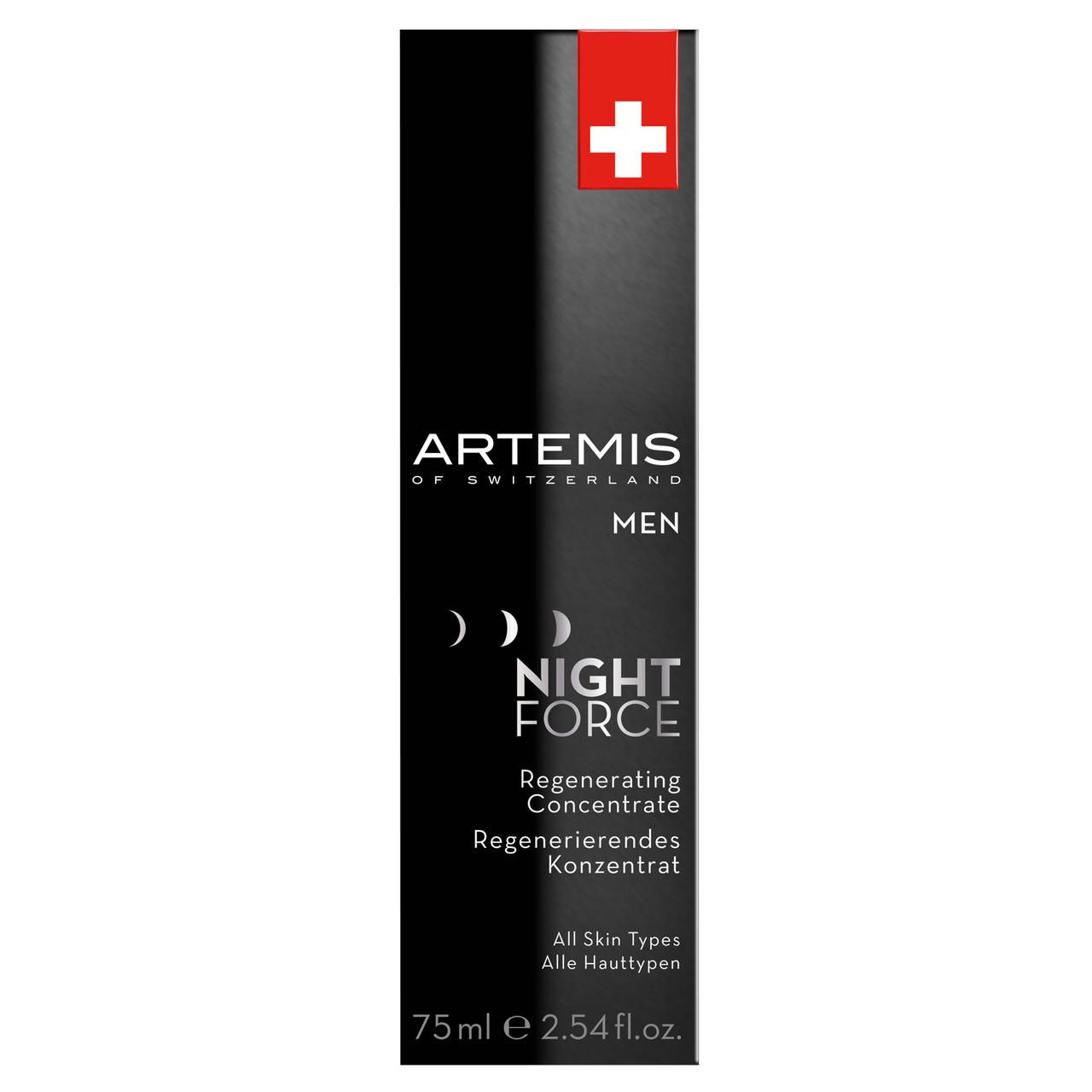 Schwarze Verpackung mit Schweizer Kreuz. Text: ARTEMIS, MEN, NIGHT FORCE, Regenerating Concentrate, 75ml. Alle Hauttypen.