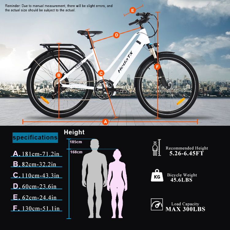 Weißes E-Bike HedaTX TX10. Abmessungen und Spezifikationen: Höhe 185 cm, Gewicht 45,6 lbs, max. 300 lbs Tragfähigkeit. Empfohlene Körpergröße: 5.26-6.45FT.